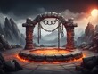  Game battle arena background with hell landscape design with stone circle platform hanging on metal chains design. 