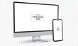 © Can Yesil - Desktop Computer and Mobile Phone Screen Perspective View Mockup. Digital devices template vector illustration with transparent background.