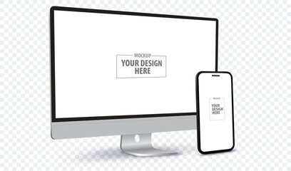 Wall Mural - desktop computer and mobile phone screen perspective view mockup. digital devices template vector il