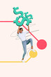© deagreez - Vertical photo collage of happy american businesswoman dance idea hands hold dollar income rich profit isolated on painted background