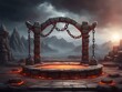  Game battle arena background with hell landscape design with stone circle platform hanging on metal chains design. 