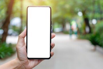 Wall Mural - Mockup image of a person hand holding mobile phone with blank white screen