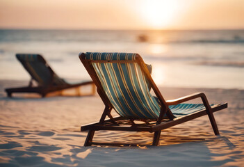 Wall Mural - Two beach chairs basking in the sunset's glow on the sandy shore, AI-generated.