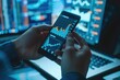 © ffunn - business, technology, internet and people concept - close up of man with laptop computer and smartphone with stock market chart on screen over office background