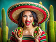 cinco de mayo celebration. Funny Happy woman in mexican Hat holding tacos