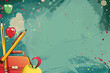 © ARM - Colorful school supply background featuring pencils, apples, and a backpack against a playful painted texture