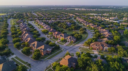 Summer Landscape Aerial Panorama View, Neighborhood with Green Architecture