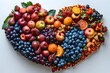 Vibrant Fruit and Vegetable Heart Shaped Arrangement on White Background