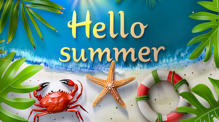 Wall Mural - Hello Summer text with tropical beach decoration in fresh colorful style background.cheerful and celebrate concepts ideas
