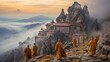Monks on the mountain go to the monastery