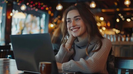 Canvas Print - Beautiful woman using laptop at cafe. Young woman with coffee and laptop. Portrait of beautiful smiling woman sitting in a cafe with black laptop