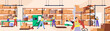 © Paper Trident - People work in warehouse. Stockroom workers do shipment of boxes with forklift. Factory storage interior. Hangar building inside. Logistic, distribution and delivery of goods. Flat vector illustration