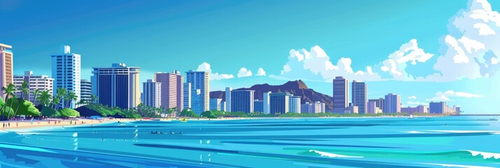 Wall Mural - Beautiful Honolulu Skyline with Diamond Head Crater and Blue Ocean Front Background