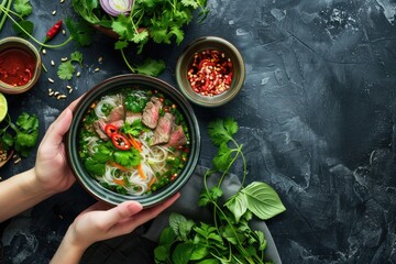 Top Down Shot of Vietnamese Pho with Spicy Sriracha Sauce. Authentic Beef Noodle Soup with Cilantro