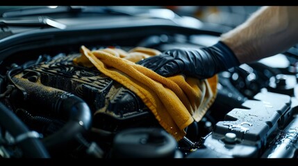 A mechanic in black gloves is wiping the engine of a car with a yellow cloth.