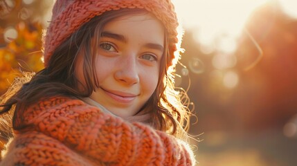 Happy teen girl 18-19 year old wearing knitted sweater outdoors in sun light closeup. Looking at camera. Autumn season