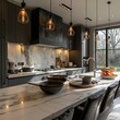 A modern kitchen with a marble countertop and black cabinets