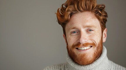 Wall Mural - Young adult handsome red haired man portrait, nordic type male model with red hair and beard, studio shot, background with copy space, diversity and different beauty concept, AI generated image
