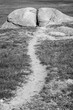 A black and white image of a worn path leading to a large split rock in a grassy field, conveying a sense of discovery and solitude.