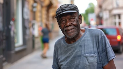 Wall Mural - African-American senior man portrait, elderly black male model dressed in casual simple clothes, everyday looking, background with street view, different people and diversity, AI generated image