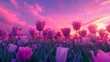 A field of pink flowers with a purple sky in the background