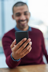 Poster - Happy, businessman and hand with smartphone for communication, connection and social media with bokeh blur. Male person, smile and mobile for phone call, email and contact with clients or customers