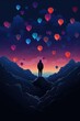 lonely person stand in mystic landscape with balloons illustration