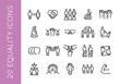 Equality icons. Set of 20 Equality trendy minimal icons representing diverse social issues, including gender equality, accessibility, unity. Design signs for web page, mobile app. Vector illustration