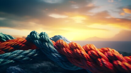 Wall Mural -  Embark on a journey of collaboration and empowerment as a diverse network of ropes symbolizes the strength and unity of teamwork, captured in stunning HD clarity against a backdrop of vibrant braid 