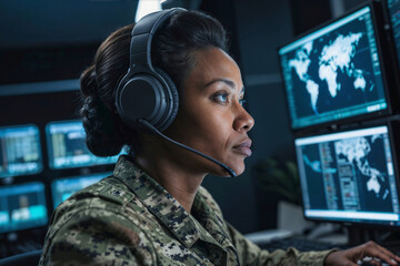 Wall Mural - African female military surveillance officer in headset working in the central army office for cyber operations, control for national security