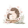 Watercolor Illustration Cute Mom and Baby Hedgehog Sit on Log with Flowers and Leaves
