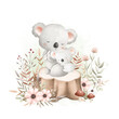 Watercolor Illustration Cute Mom and Baby Koala Sit on Log with Flowers and Leaves