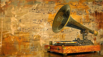 An antique gramophone rests on aged sheet music, evoking a sense of nostalgia. The retro art background exudes a timeless charm, reminiscent of bygone eras.