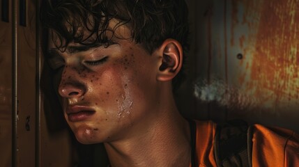 A young man with teary eyes is standing in front of a closed door, expressing deep emotions