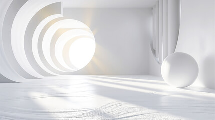 Wall Mural - A white room with light coming through a circular hole. The floor of the room is unevenly decorated with rough cement., 3D illustration.	