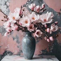 Wall Mural - AI generated illustration of a vase on a table with a pink flower bouquet