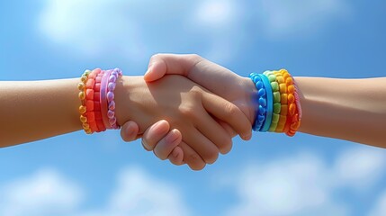 Two hands with friendship bracelets against a blue sky LGBT pride background