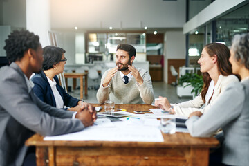 Fototapete - Team, diversity and meeting in office for business, development and project management in corporate with tech. Group, paperwork and brainstorming for ideas, strategy and collaboration in workplace