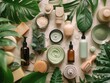 Various natural cosmetics displayed on table with green leaves