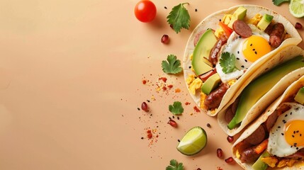 Canvas Print - Flat lay tacos with avocado tomato, flat bread, egg and parsley copy space