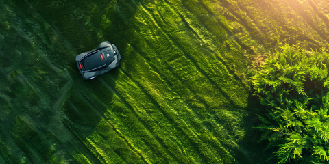 Wall Mural - Robot lawn mower on perfectly manicured lawn on sunny summer evening, on a backdrop of residential house backyard.