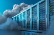 Server racks in data center. Backup, hosting, mainframe, farm and computer rack with storage information.