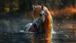 Rainbow pony Swimming in the black lake