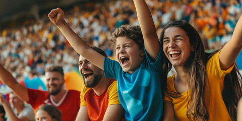 Excited parents and kids celebrating the victory of their team. Sports fans chanting and cheering for their soccer team. Family with children watching football match.