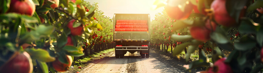 Wall Mural - Cargo truck carrying bottles with pomegranate juice in an orchard with sunset. Concept of food and drink production, transportation, cargo and shipping.