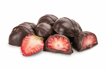 A cluster of handmade chocolate-covered strawberries lies temptingly on a white background, symbolizing indulgence and the sweetness of life.