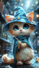 Wall Mural - cute magician kitten wizard cat illustration smartphone wallpaper background