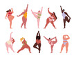 Different plus size women in swimsuits doing exercises. Curvy female body. Body positive and active lifestyle concept.