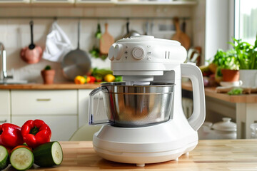 Wall Mural - A white food processor with safety features, including a locking mechanism and overload protection.