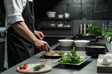 Wall Mural - A chef is skillfully preparing food on a sleek kitchen counter with clean lines and neutral tones